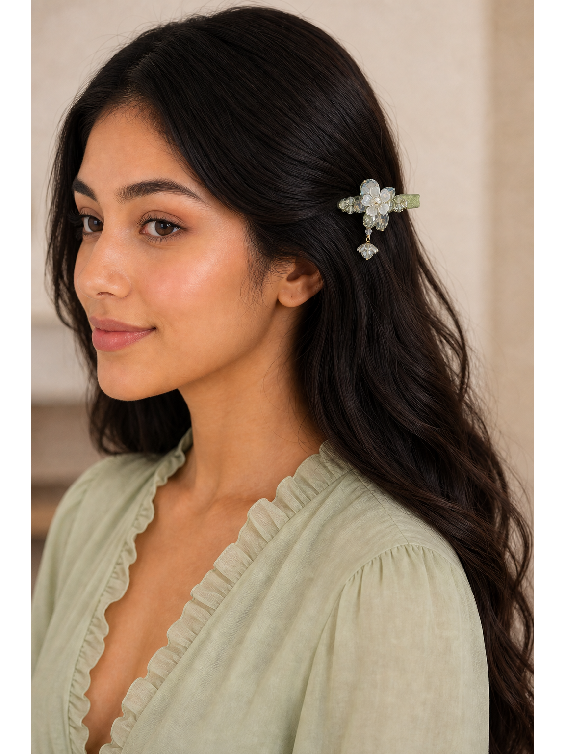 Light Green Floral Beaded Hair Clip 3