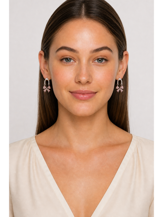 Pink Bow Pearl Hoop Rhodium with Sterling Silver Posts Earring 2