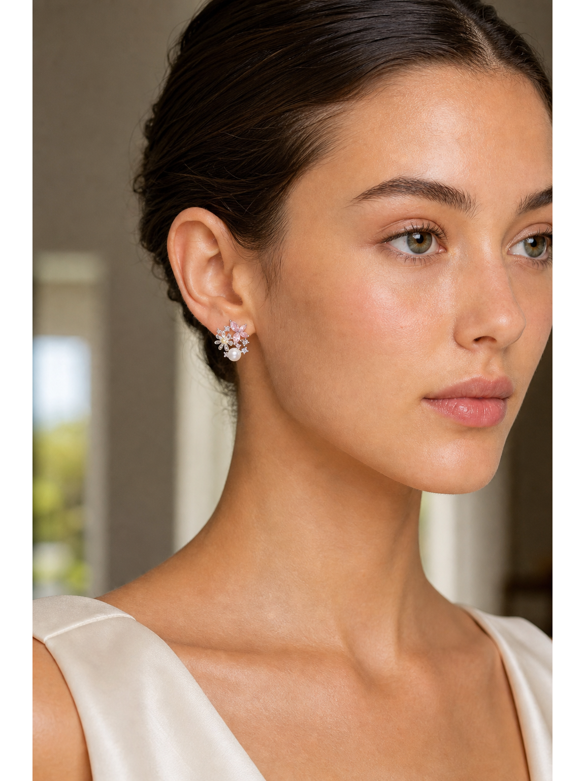 Pink Butterfly Zircon Pearl Floral Rhodium with Sterling Silver Posts Earring 3