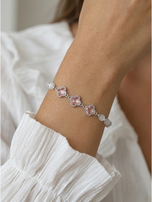 Pink Clover Beaded Rhodium Plated Bracelet 2