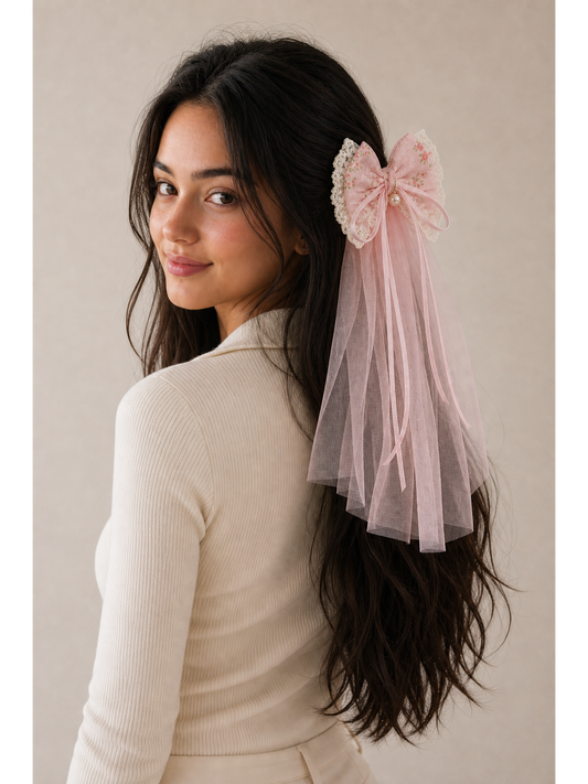 Pink Floral Lace Bow Clip with Long Tulle Tail 2