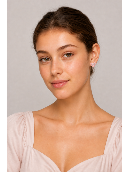 Pink Glitter Heart Bow With Finish Rhodium with Sterling Silver Posts Earring 2