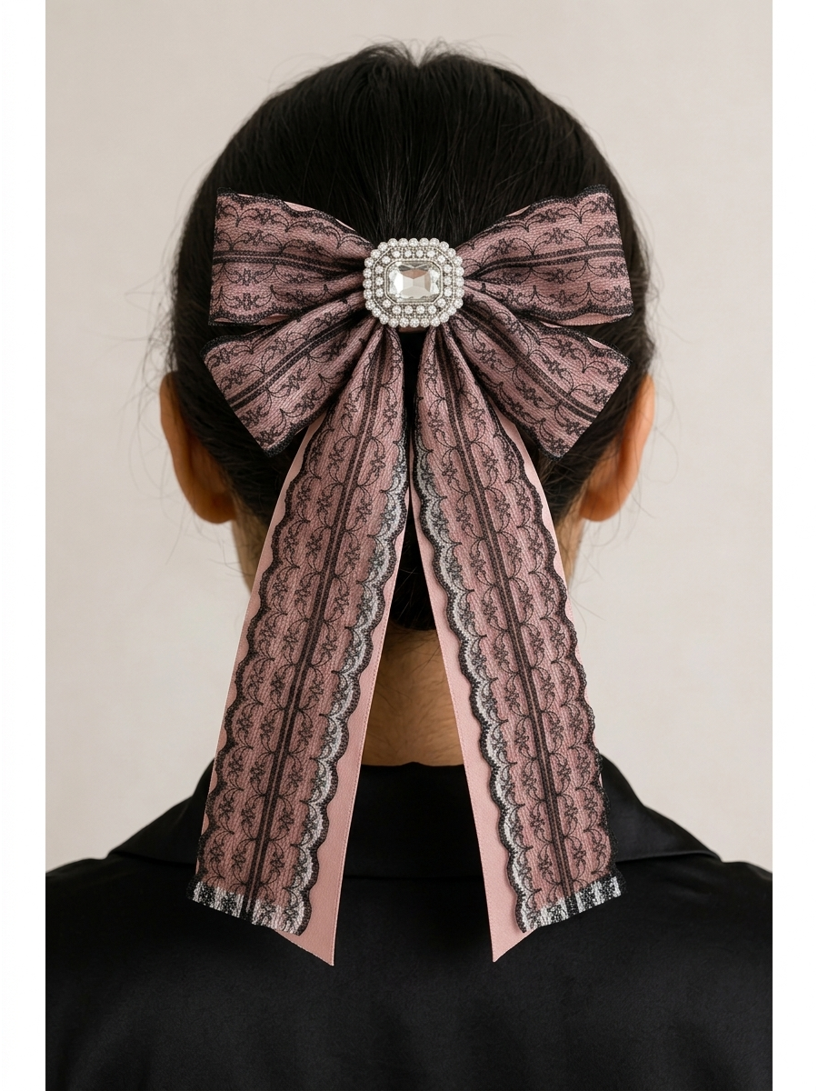 Pink Lace Bow Hair Clip with Long Tails 3