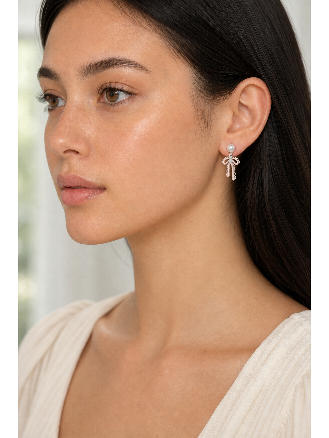 Pink Lace Bow Pearl Drop With Finish Rhodium with Sterling Silver Posts Earring 3