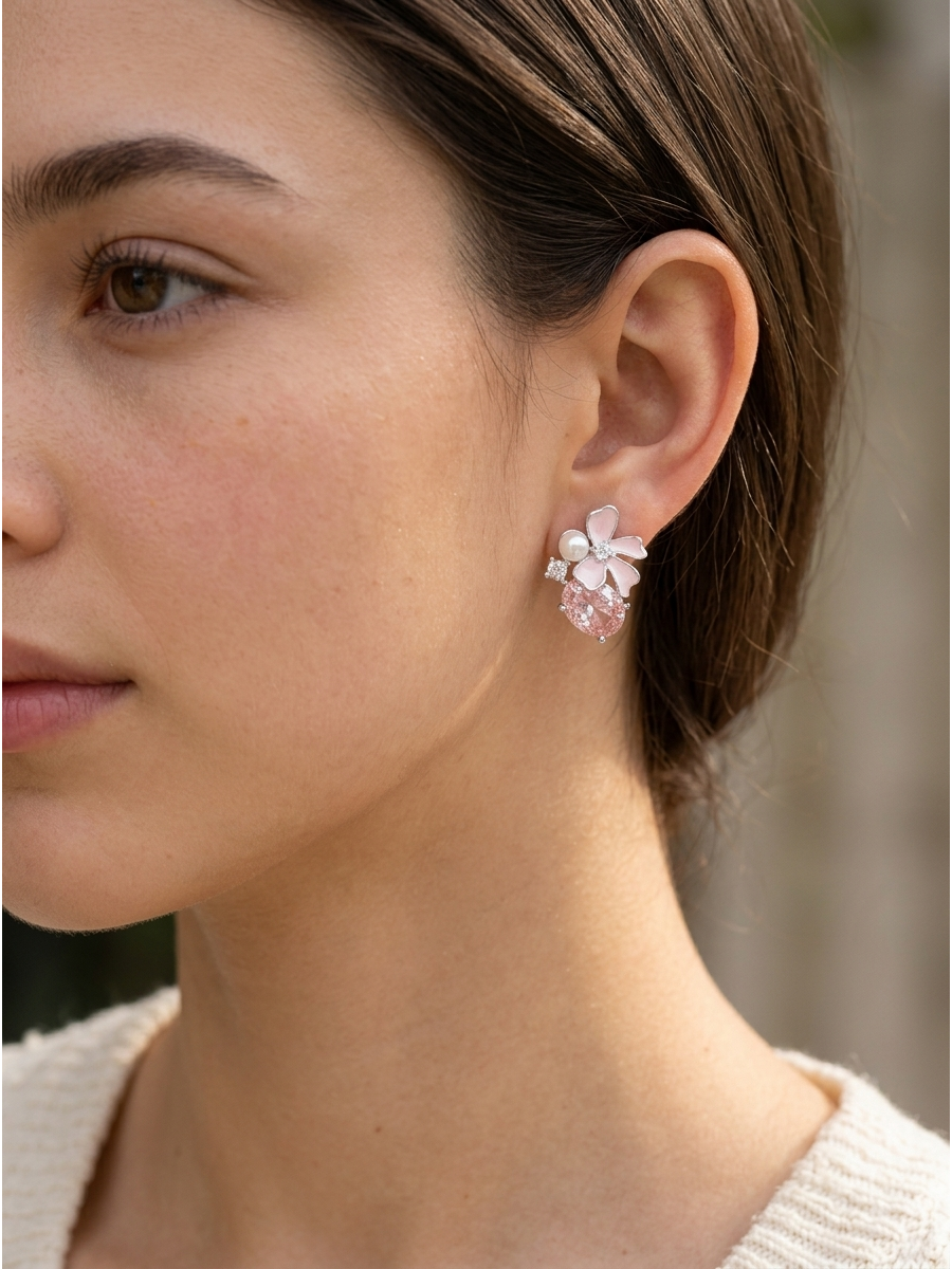 Pink Petal Zircon Flower Rhodium with Sterling Silver Posts Earring 3