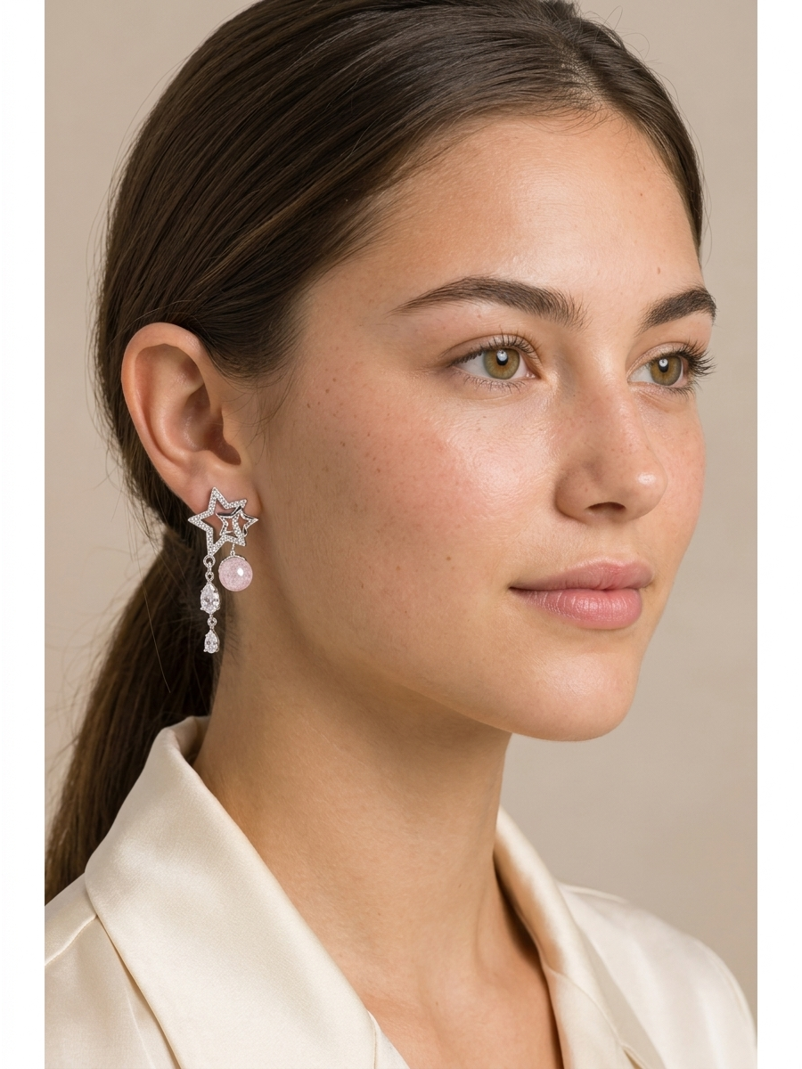 Pink Star Pearl Drop Rhodium with Sterling Silver Posts Earring 3