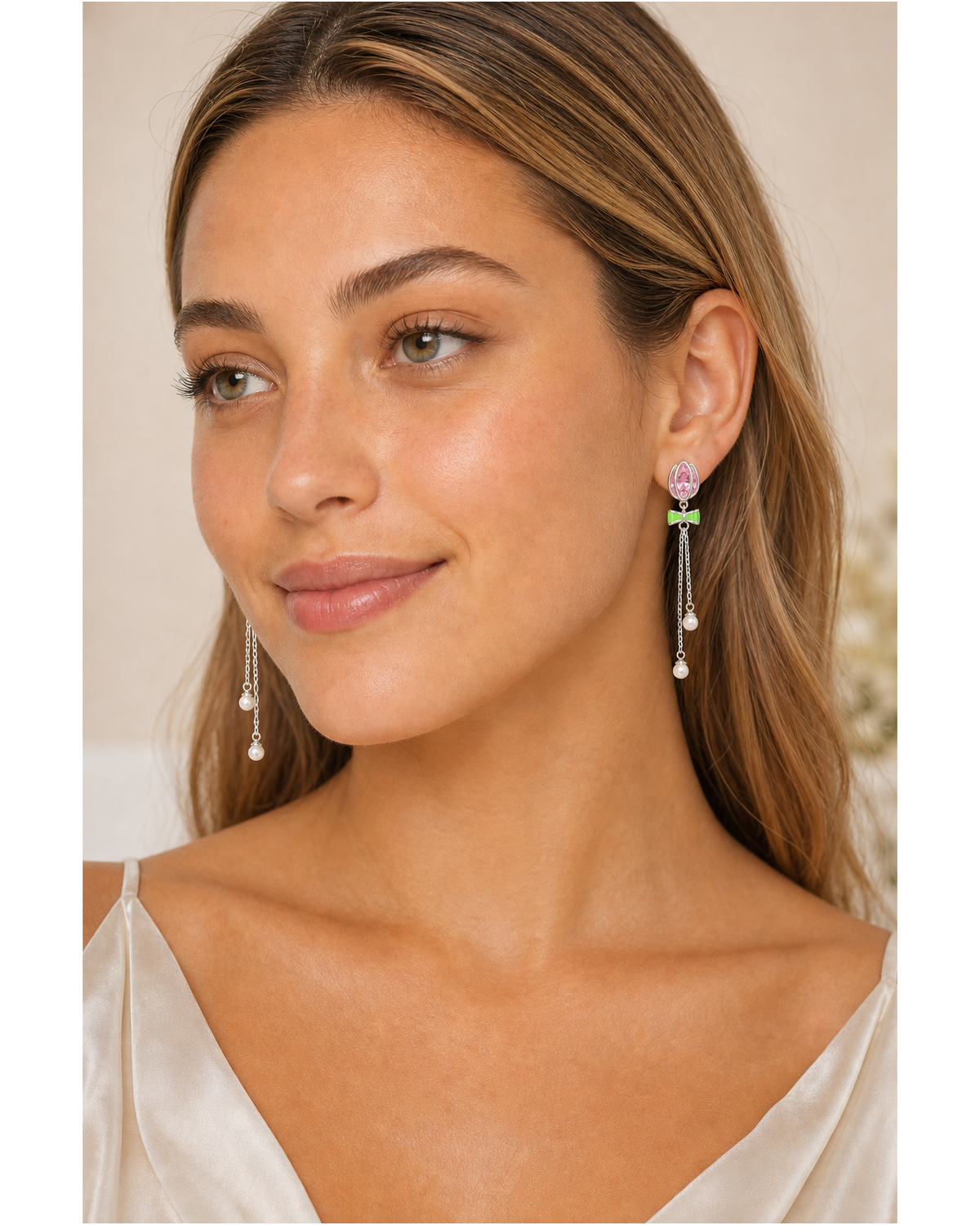 Pink Tulip Bow Tassel Rhodium with Sterling Silver Posts Earring 3