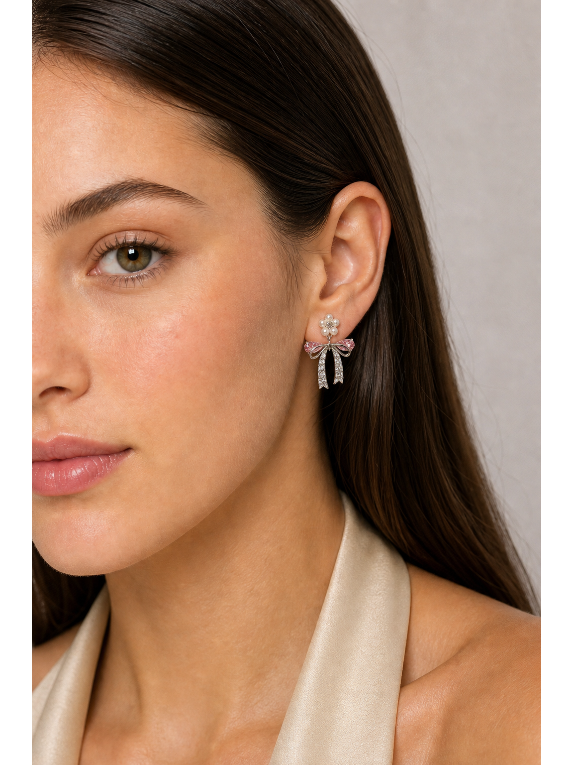 Pink Zircon Bow Flower Rhodium with Sterling Silver Posts Earring 3
