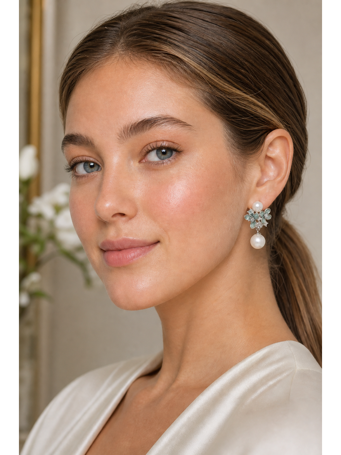 Blue Floral Pearl Drop Rhodium with Sterling Silver Posts Earring 3