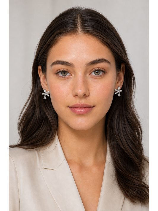 Bow And Star Zircon Rhodium with Sterling Silver Posts Earring 2