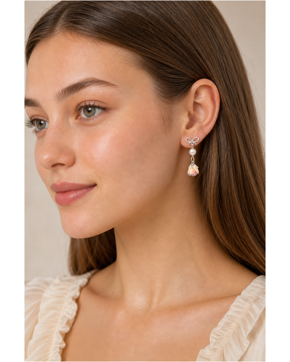 Bow Pearl And Pink Flower Drop Rhodium with Sterling Silver Posts Earring 3