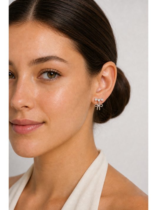 Bow With Cubic Zirconia Rhodium with Sterling Silver Posts Earring 2