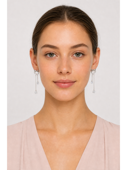 Bow Tassel With Zircon Accents Rhodium with Sterling Silver Posts Earring 2