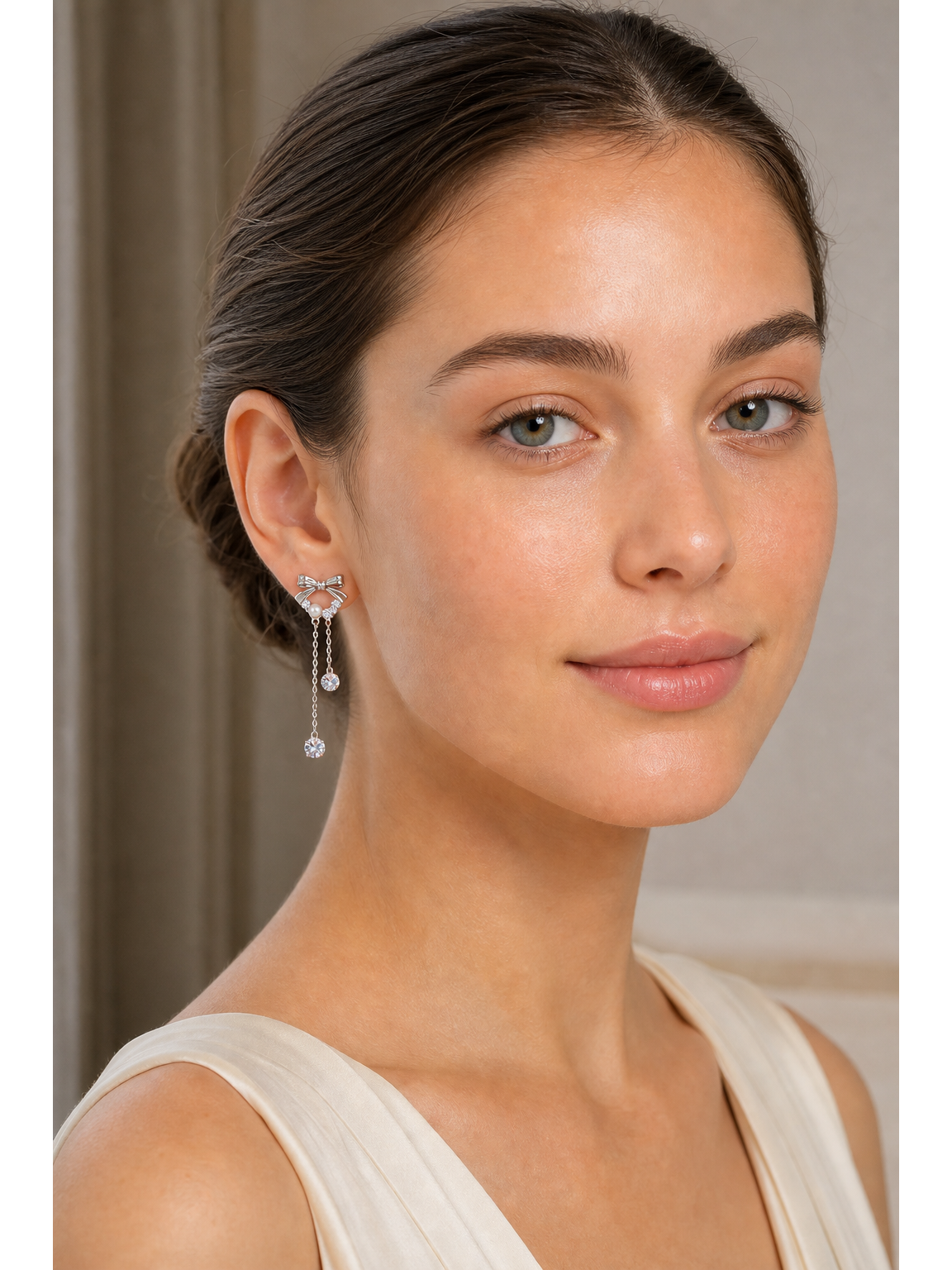 Bow Tassel With Zircon Accents Rhodium with Sterling Silver Posts Earring 3
