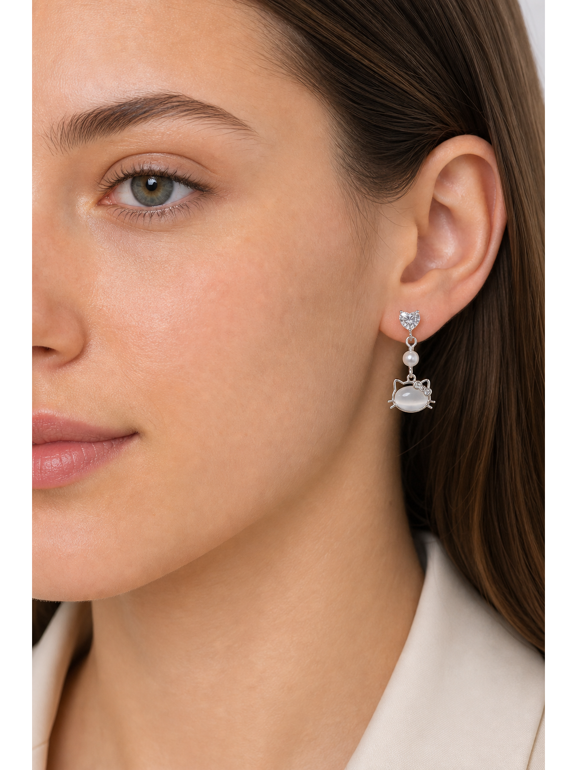 Cat Face Heart Zircon Drop Rhodium with Sterling Silver Posts Earring 3