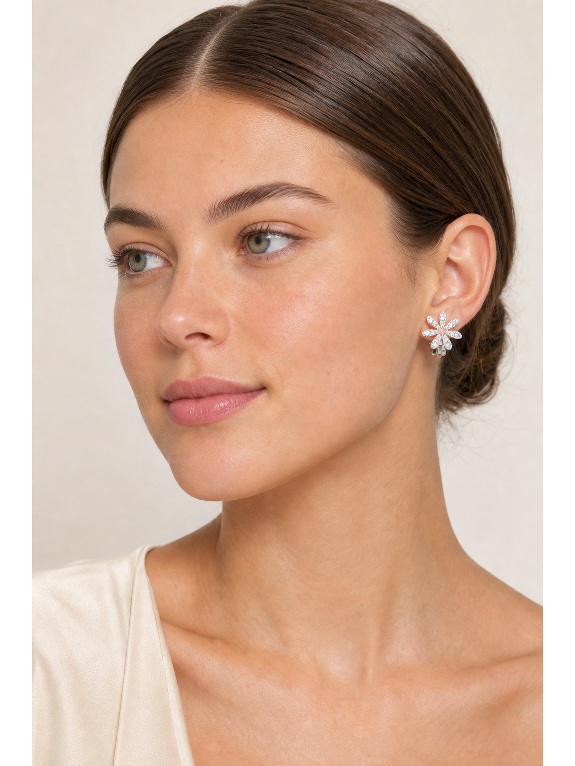 Floral Zircon Clip-on Rhodium with Sterling Silver Posts Earring 3