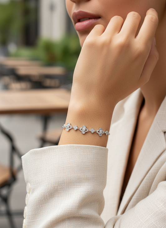 Rhodium Plated Four-Leaf Clover Cubic Zirconia Adjustable Bracelet 3