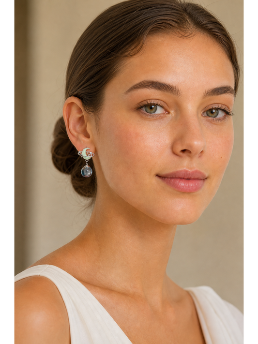 Planet And Moon Drop Rhodium with Sterling Silver Posts Earring 2