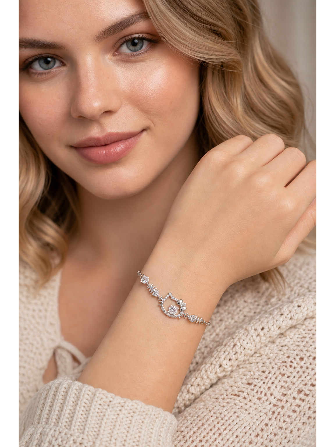 Rhodium Plated CZ Cat Bracelet with Fishbone Charms 3