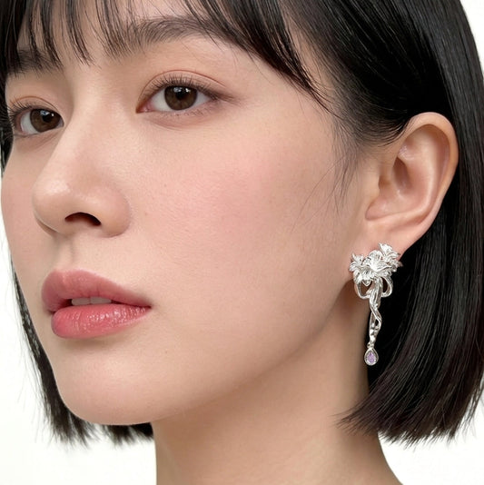 Floral Drop Rhodium Plated with Sterling Silver Posts Earring 2