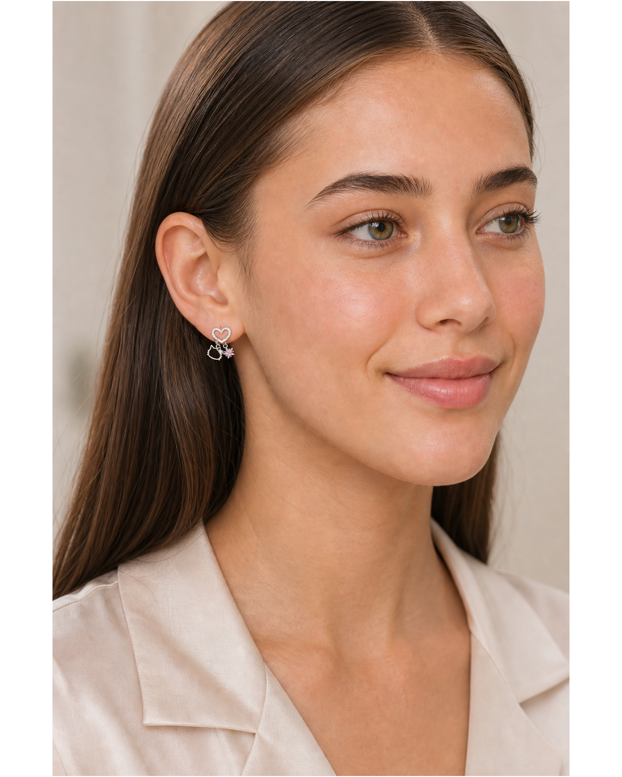 Plated Heart Cat & Pink Zircon Star Rhodium with Sterling Silver Posts Earring 3