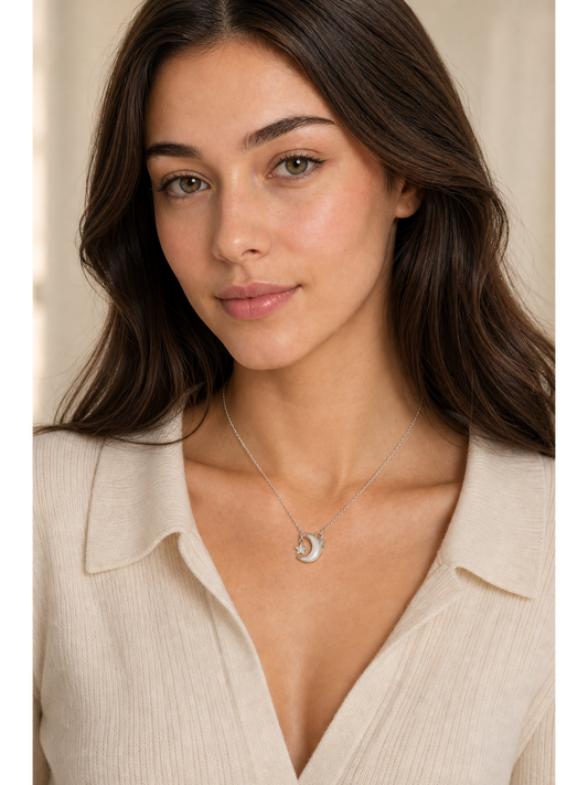 Rhodium Plated Moon Pendant Necklace with Shell Inlay 2