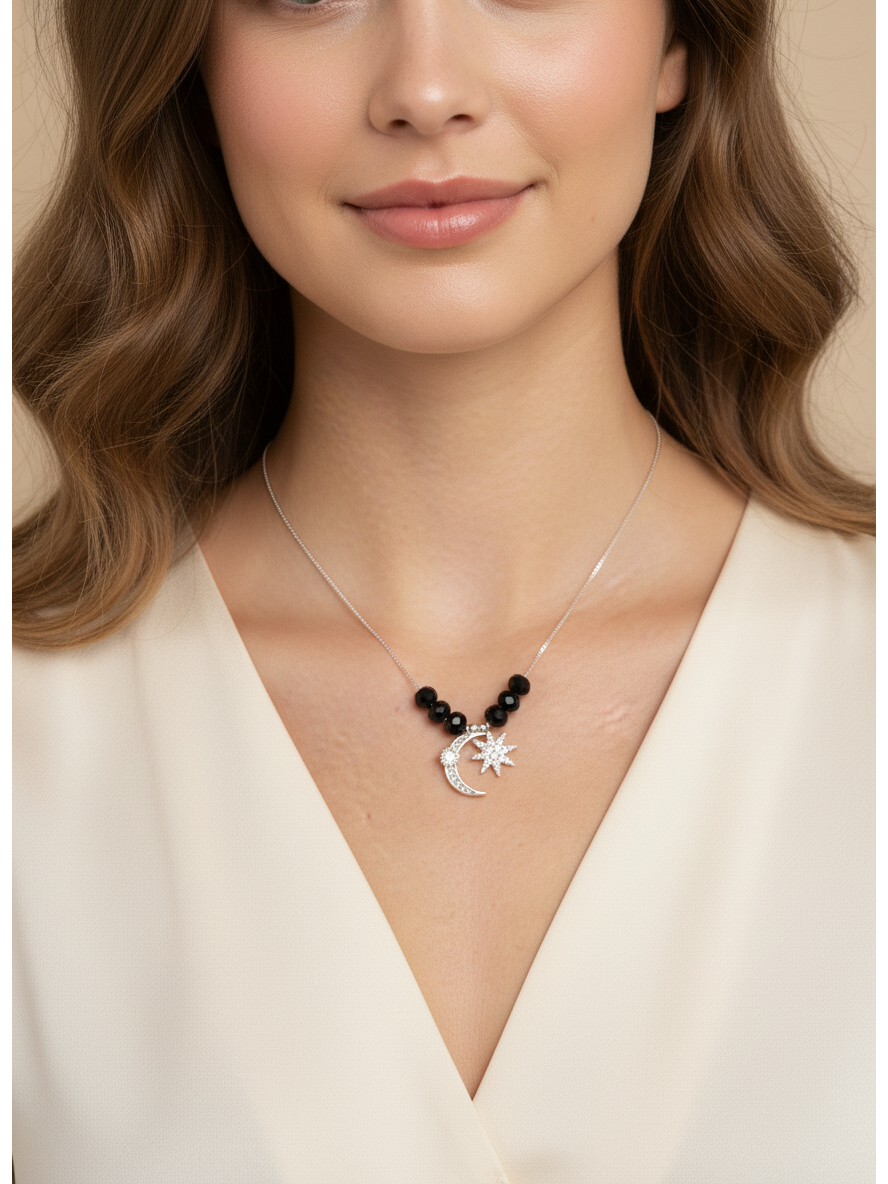 Rhodium Plated Moon & Star Pendant Necklace with Black Beads 3