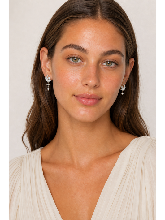 Plated Asymmetric Moon And Star Rhodium with Sterling Silver Posts Earring 2