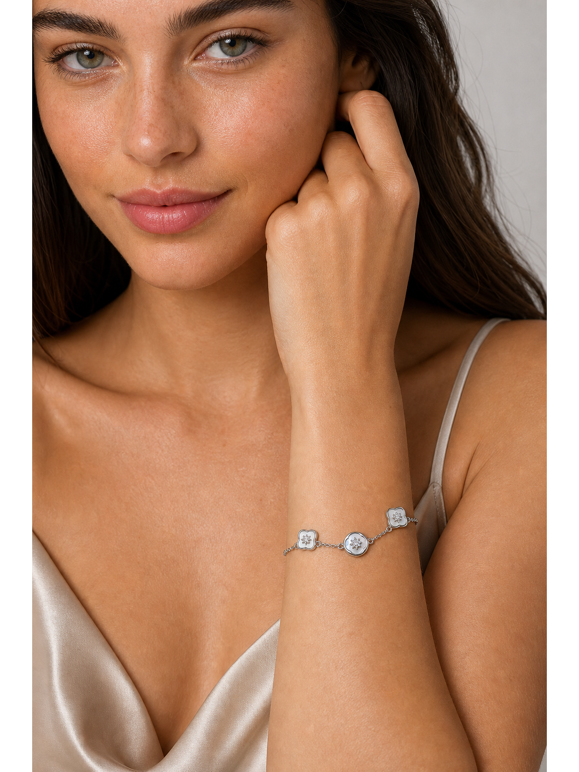 Rhodium Plated Mother-of-Pearl Flower Bracelet 2