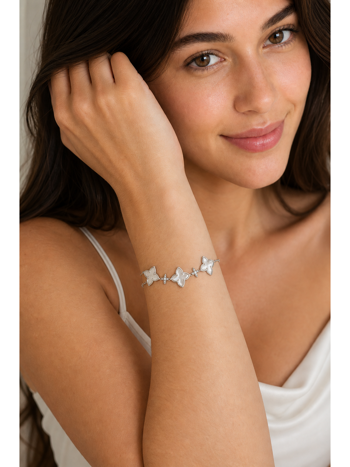 Rhodium Plated Mother-of-Pearl Flower Bracelet 3
