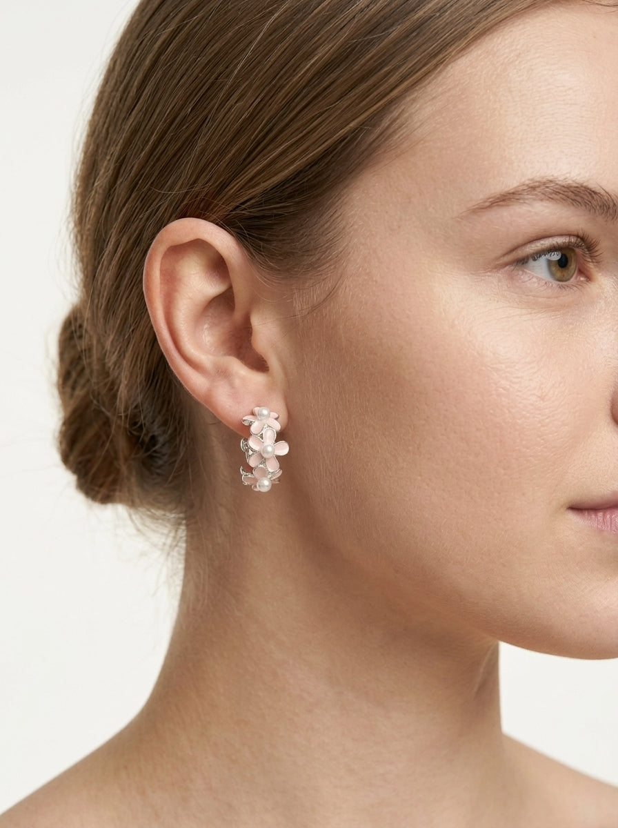 Plated Pink Floral Pearl Rhodium with Sterling Silver Posts Earring 3