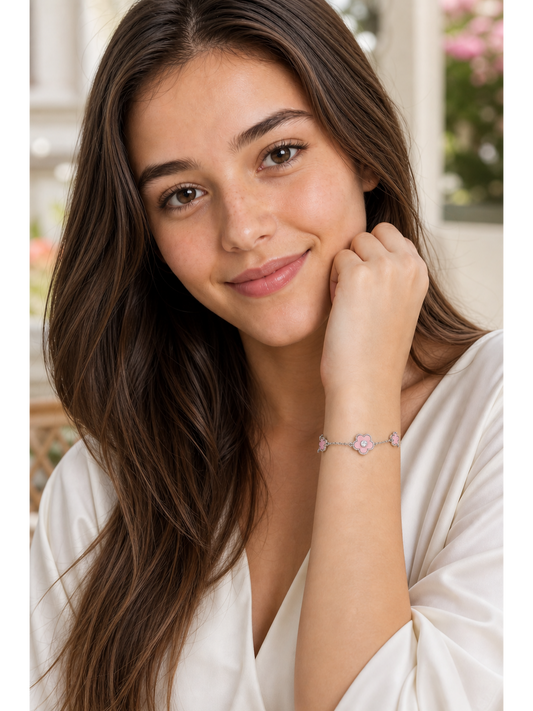 Rhodium Plated Pink Flower Chain Bracelet 3