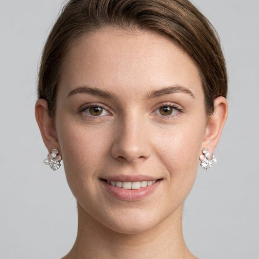 Pink Flower With Zircon & Pearl Beads Rhodium Plated with Sterling Silver Posts Earring 2