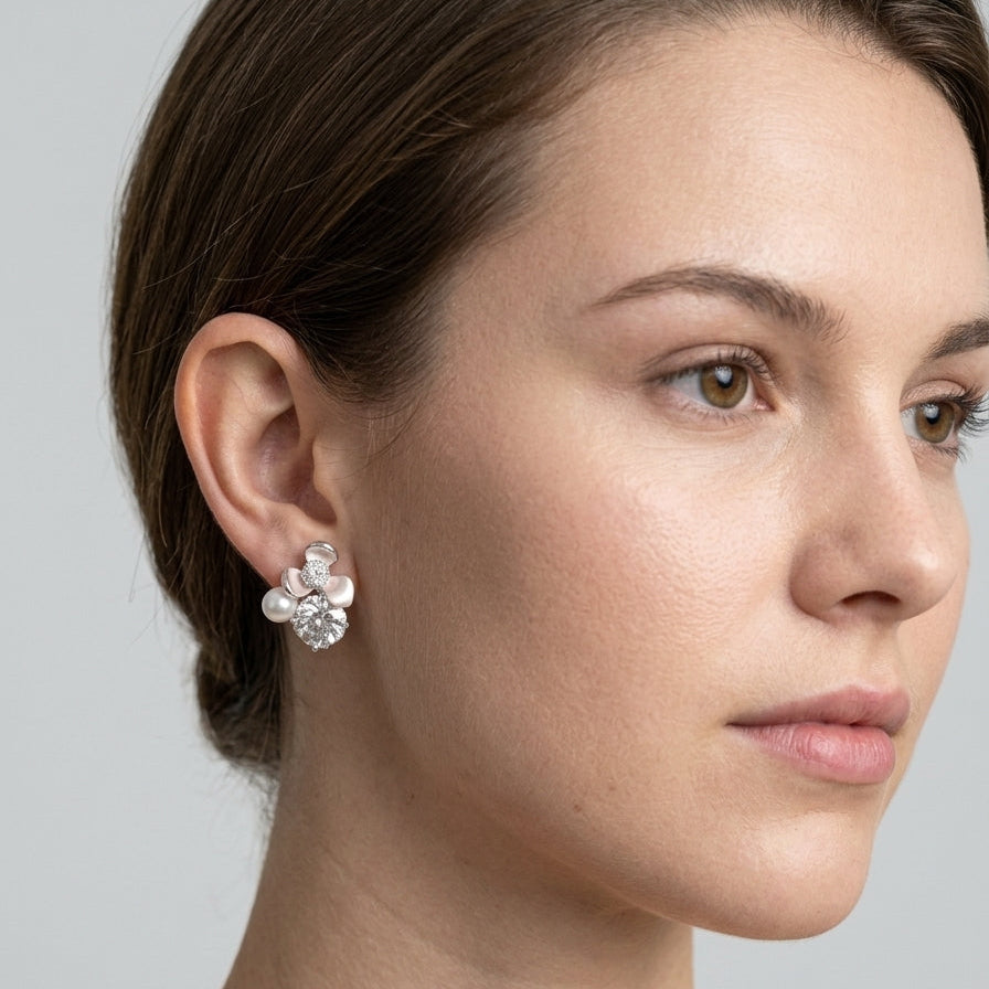 Pink Flower With Zircon & Pearl Beads Rhodium Plated with Sterling Silver Posts Earring 3