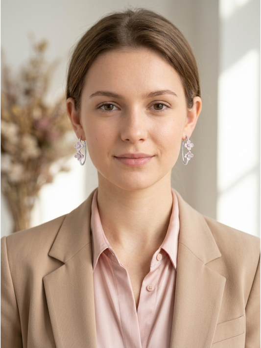 Plated Pink Flower Hoop Rhodium with Sterling Silver Posts Earring 2