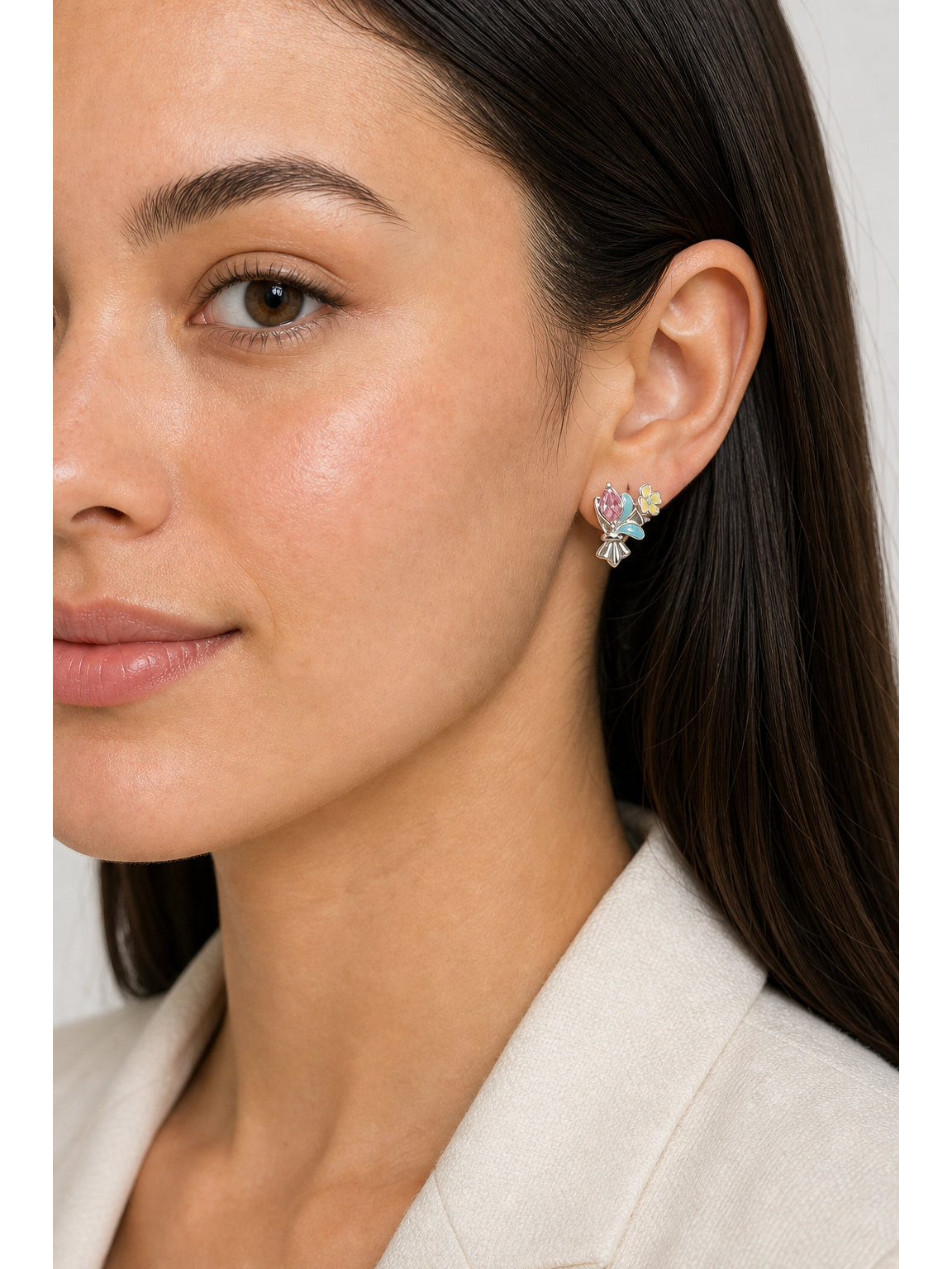 Plated Pink Zircon Floral Bouquet Rhodium with Sterling Silver Posts Earring 3