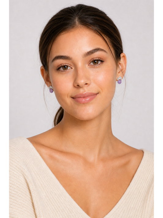 Plated Purple Rose Cut Flower Rhodium with Sterling Silver Posts Earring 2