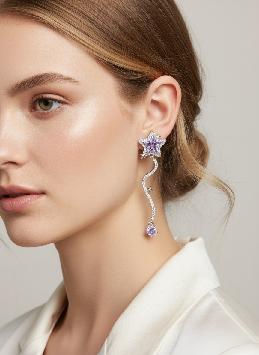 Plated Silver Star Tassel With Purple Zircon Rhodium with Sterling Silver Posts Earring 3
