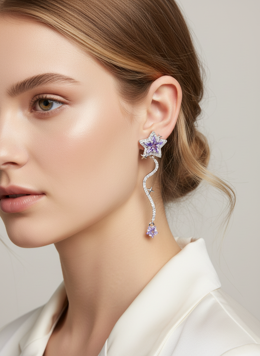 Plated Silver Star Tassel With Purple Zircon Rhodium with Sterling Silver Posts Earring 3