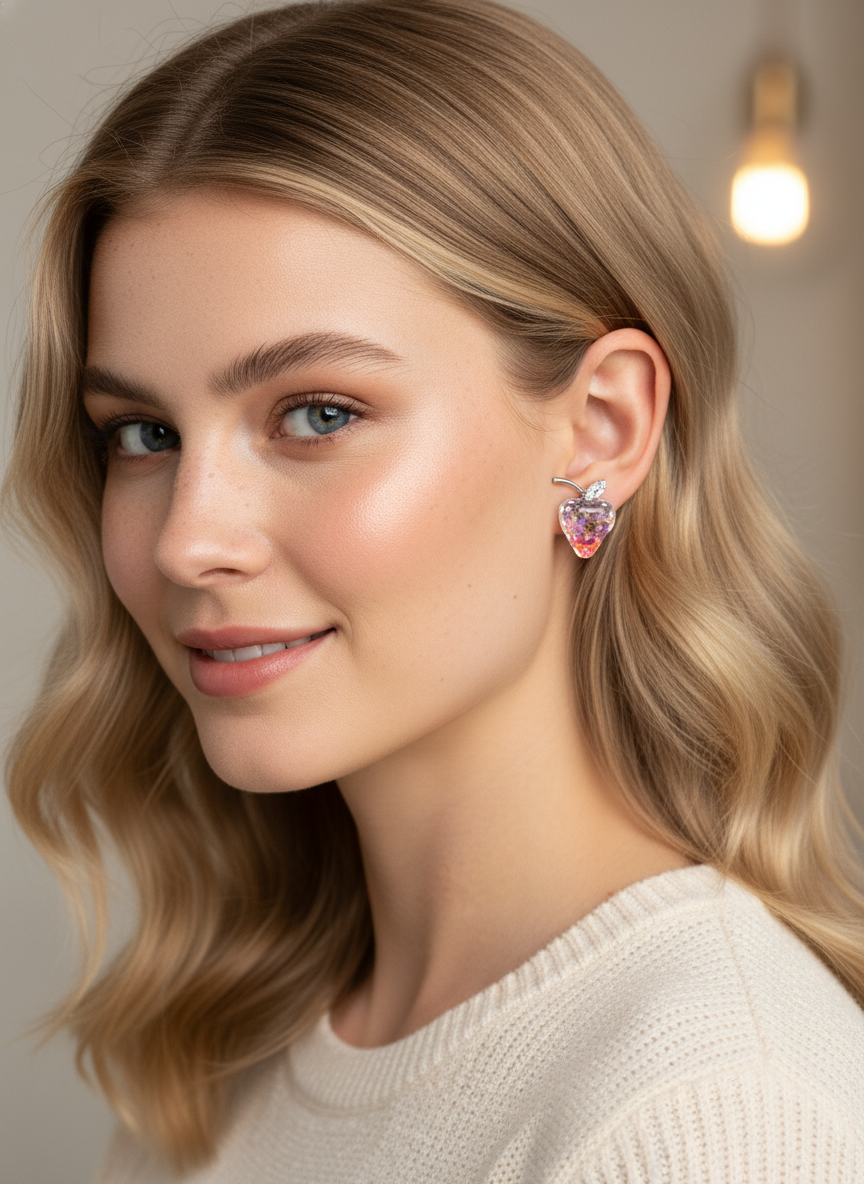 Plated Strawberry With Zircon Accent Rhodium with Sterling Silver Posts Earring 3
