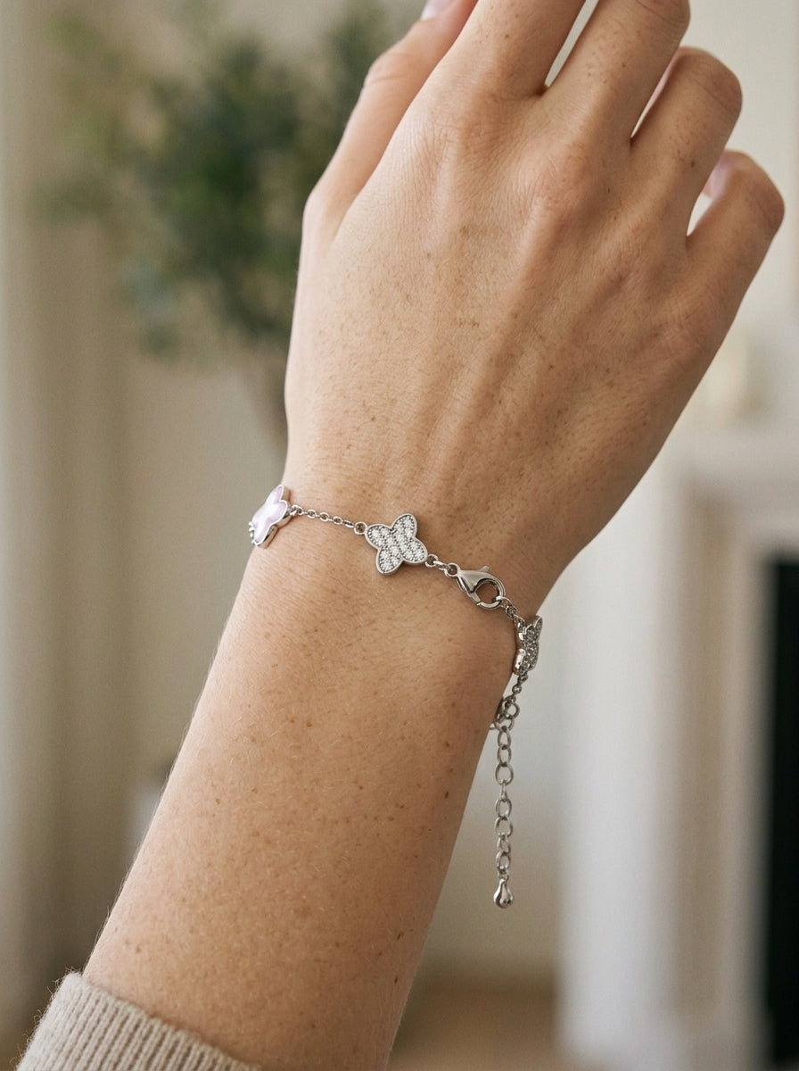 Silver Rhodium Plated Pink Zircon Four-Leaf Clover Bracelet 3