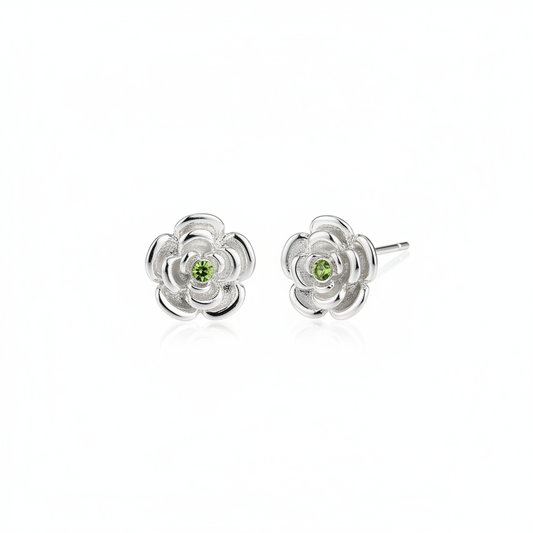 Silver Flower With Green Stone Rhodium Plated with Sterling Silver Posts Earring 2