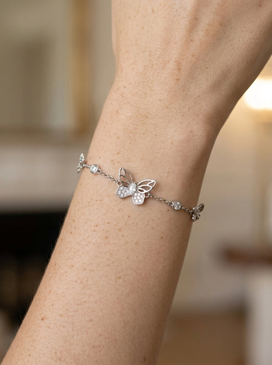 Silver Rhodium Plated Hollow Butterfly Bracelet with Lobster Clasp 2