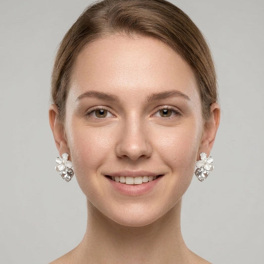 White Flower With Zircon And Pearl Rhodium Plated with Sterling Silver Posts Earring 2