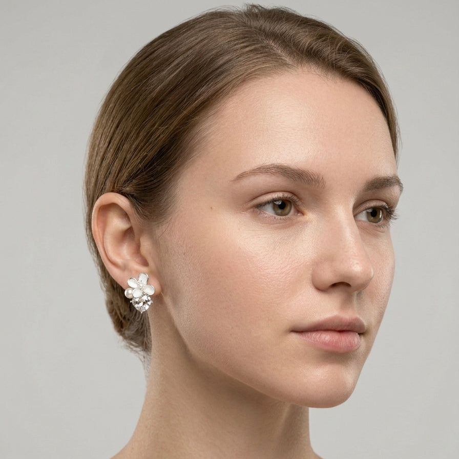 White Flower With Zircon And Pearl Rhodium Plated with Sterling Silver Posts Earring 5