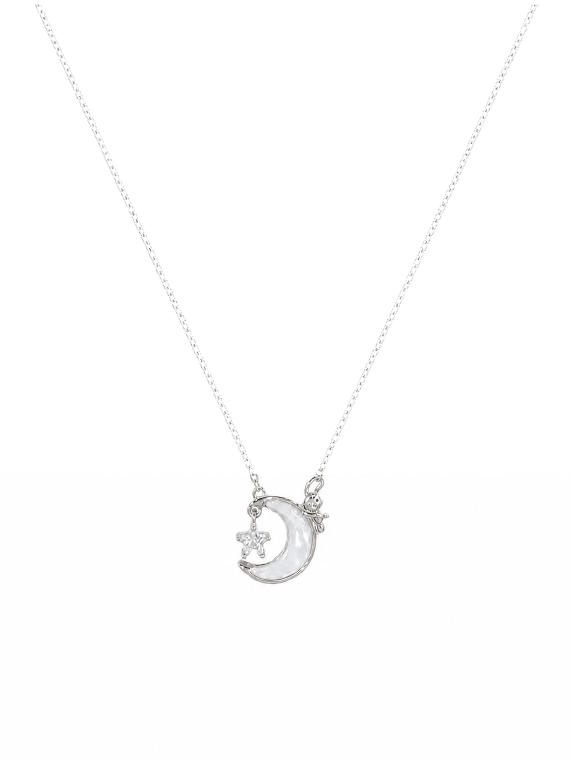 Rhodium Plated Moon Pendant Necklace with Shell Inlay