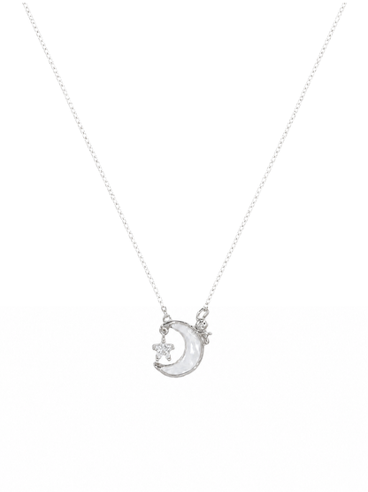 Rhodium Plated Moon Pendant Necklace with Shell Inlay