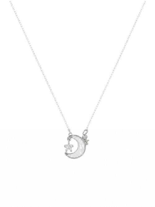 Rhodium Plated Moon Pendant Necklace with Shell Inlay