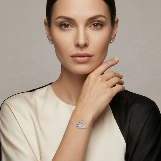 Pink Zircon Crown Heart Rhodium Plated Bracelet