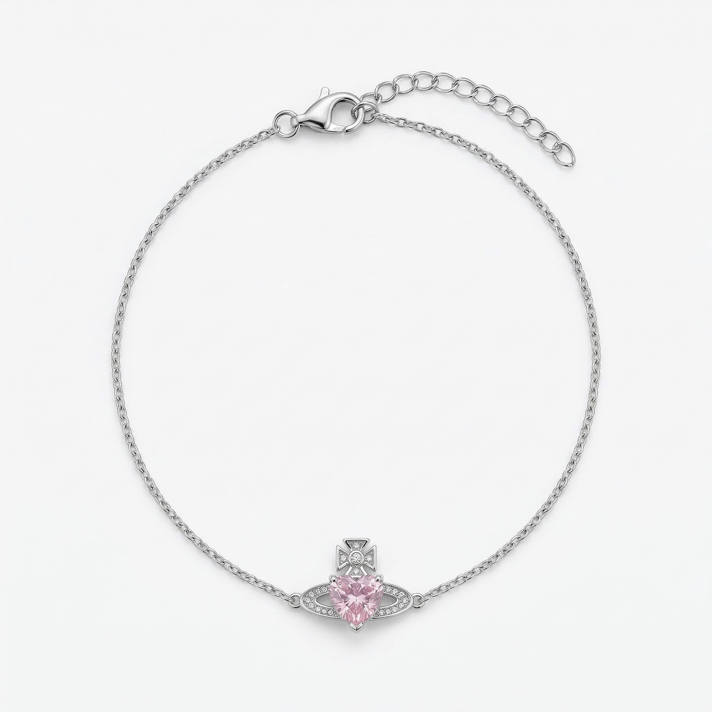 Pink Zircon Crown Heart Rhodium Plated Bracelet